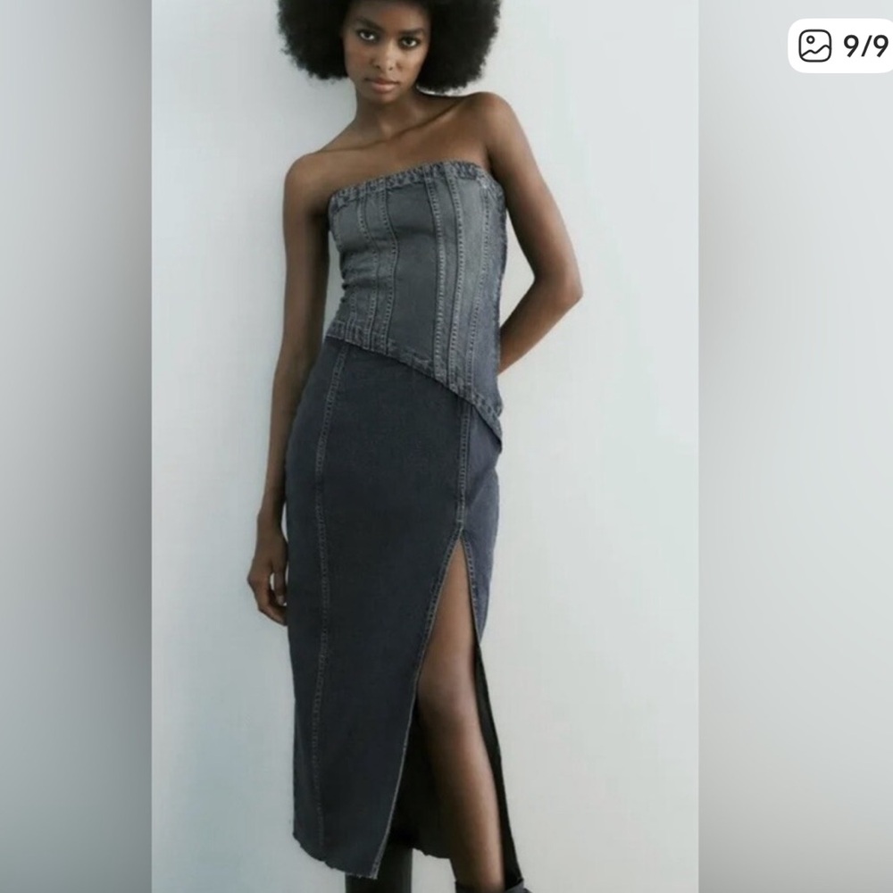 Zara Dark Strapless Denim Midi Dress with High Side Slit